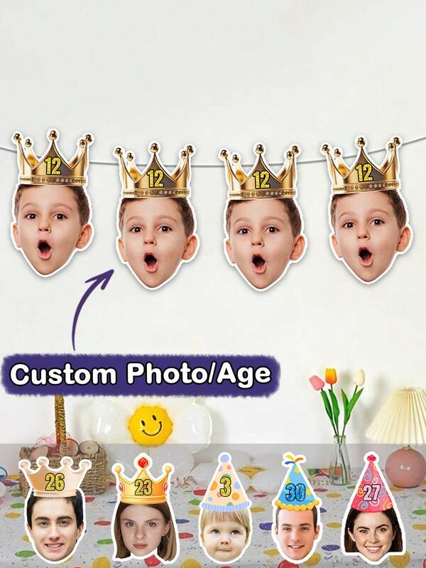 Custom Birthday Hat Face Banner,Personalized Birthday Banner,Customized Birthday Face Photo Banner And Age,Customizable Birthday Party Decoration,Customized Head Portrait On Banner,Decoration,Reusable,Suitable For Festival Celebrations,Anniversaries,Weddings,Men,Women,Friends,Family