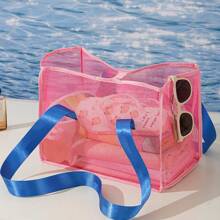 Breathable Mesh + Foldable Contrast Color Tote Bag, Outdoor Beach/Pool/Shopping/Gym Multifunctional Storage Bag (Reinforced Handle + Inner Pockets), Waterproof Portable Folding Bag For Clothes & Accessories