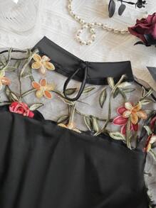 1pc Elegant Vintage Floral Embroidery Mesh Puff Sleeve Bodysuit For Women