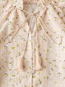 EARO Autumn New Women's Shirt, Floral Print V-Neck Design, Casual Loose Long Sleeve Blouse - 黃杏色 - 查看 5