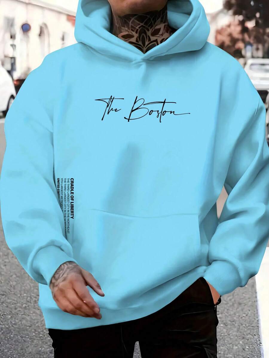 The Boston Men's Cotton Unisex Flannel Kangaroo Sweatshirt - 淺藍色 - 查看 1