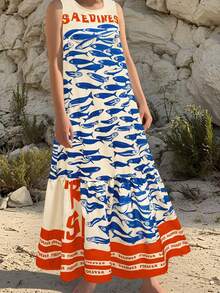 女式字母印花荷叶边下摆休闲度假浪漫无袖连衣裙，春夏季