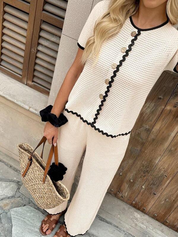 Completo casual da donna Keke Bloomly in due pezzi, top a girocollo in maglia jacquard a maniche corte con dettagli a blocchi di colore e pantaloni, outfit da campagna, adatto per festival di musica in campagna