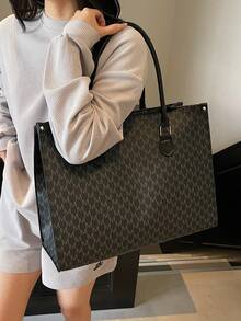 Túi Tote Đeo Vai In Chữ Cổ Điển Dung Tích Lớn, Thích Hợp Cho Phụ Nữ, Sinh Viên Đại Học Đi Mua Sắm, Đi Làm, Quay Lại Trường Học Và Sử Dụng Hàng Ngày - màu đen - Xem 2