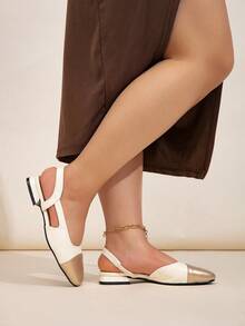 宽版米色 PU 皮革拼接后带粗跟日常百搭优雅时尚女士加大码平底鞋 - 米色 - 查看 5