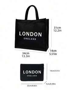 2 件/套亚麻手提袋，包括一个“LONDON ENGLAND”字样印刷手提袋和一个印刷小袋子，字母，花朵，个性化礼品包装，小袋子和大袋子组合，适合婚礼，生日，海滩，假期，是送给女性，母亲，老师，朋友，伴娘，大袋子，学生和返校的完美礼物