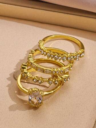 4pcs/Set Elegant Stackable Rings, Inlaid With Shiny Cubic Zirconia Teardrop And Rectangle Symbols, Symbolizing Romance And Elegance, Suitable For Daily Wear, Also A Great Gift For Chinese New Year, No Gift Box