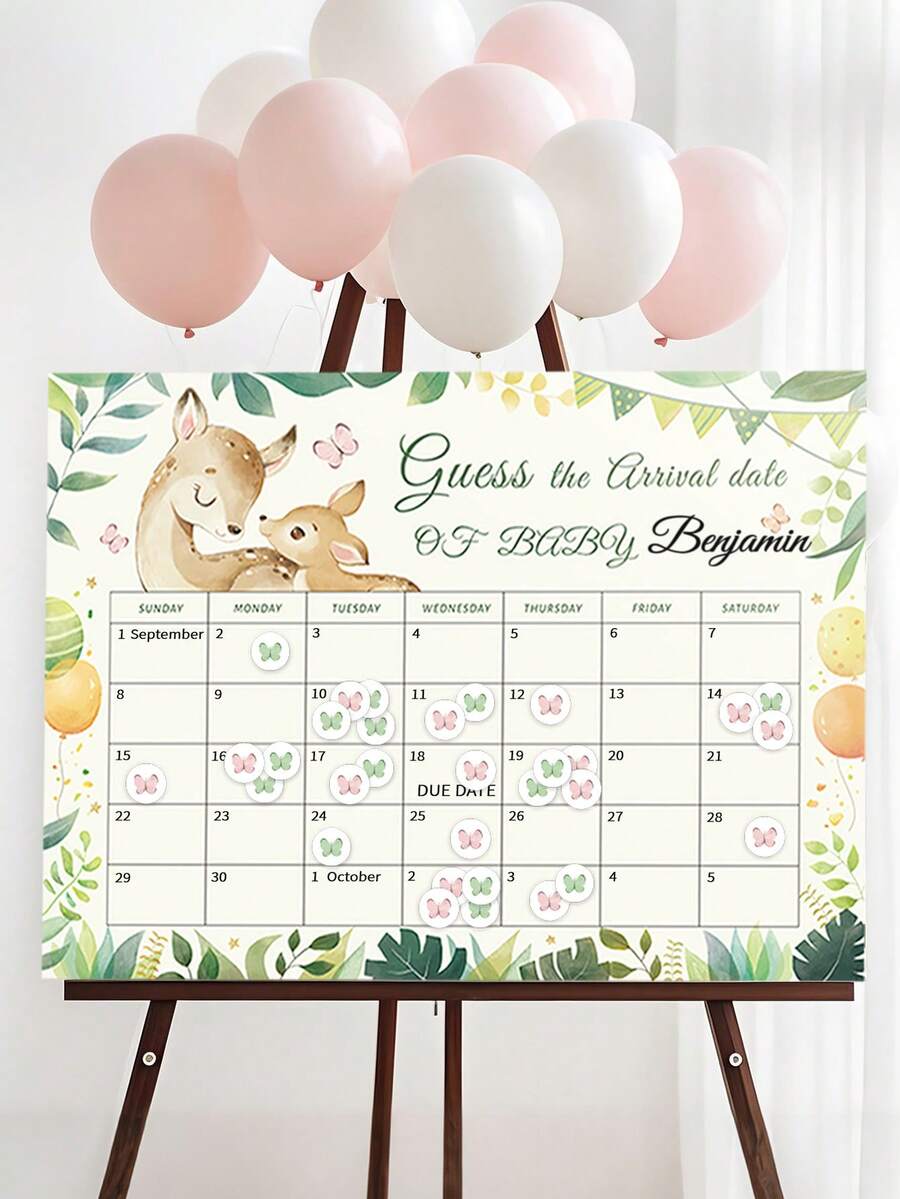 The Arrival Date Of The Baby Shower Games Deer Poster Butterfly Stickers Due Date Calendar Sign For Boy Or Girl Gender Reveal Home Party Atmosphere Decoration Props - Color - View 1