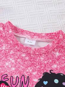 Set de 3 piezas para niñas jóvenes que incluye: Camiseta asimétrica con gráfico lindo de verano + Pantalones cortos efecto denim con cinturón