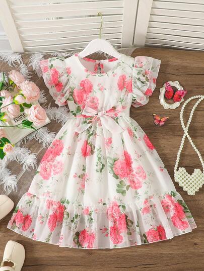 Young Girls' Elegant Dress For Summer, Round Neck Puff Sleeve With Waist Belt Decor, Floral Print, Ruffle Hem, Casual Fashion