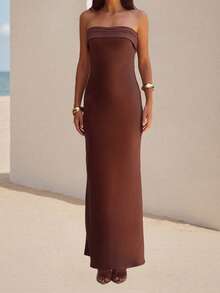 Satin Silk Strapless Maxi Dress For Women Off Shoulder Backless Elegant Tube Top Long Dresses Wedding Guest Formal Bodycon Dress - 深棕 - 查看 4