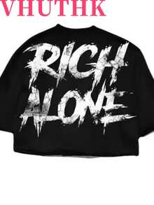 VHUTHK Double Sided Printing (220 Pure Cotton T-Shirt) 'RICH ALONE' Letter And Portrait Printing For Men's Summer Round Neck Short Sleeved Casual Pure Cotton Printing