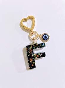 1pc Laser Black Shiny Resin A-Z Initial Keychain, With Devil Eye And Heart Keyring Bag Charm Pendant, Party Favor, Suitable For Holiday Gifts To Friends