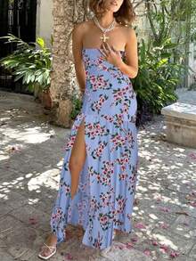 Women Y2K Floral Long Tube Dress Strapless Sheer Mesh Slit Dress Off Shoulder Ruffle Flowy Beach Dresses - 藍色 - 查看 2