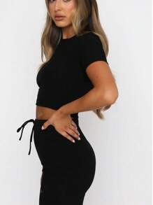 Spring Women's Fashionable Open Belly Short Sleeved Top, Slim Fit Lace Up Casual Pants Sports Suit