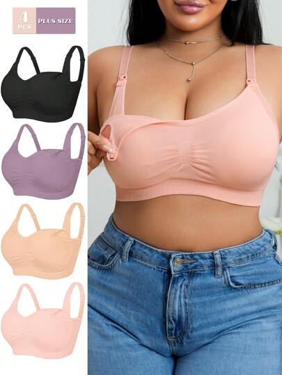 4 pezzi/confezione Reggiseno di maternità senza ferretto, comodo, in tinta unita, con chiusura frontale, senza cuciture, per l'allattamento, per gravidanza e post-partum