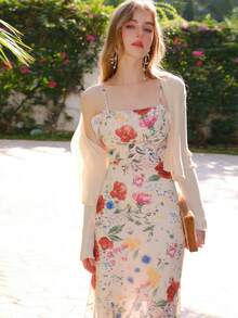 Vestido de seda de tirantes con estampado floral retro para mujer - Beis - Ver 7