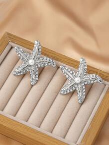1 Pair Women's Elegant Diamond-Studded Starfish Stud Earrings, Shiny & Suitable For Everyday And Holiday Wear