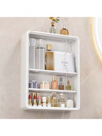 1 PC No Drill Wall Mounted Makeup Organizer, Multifunctional Makeup Storage Box With Removable Shelves, Transparent Bathroom Accessories, Unfinished Surface, Space Saving Display Box