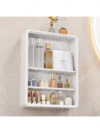 1 件免钻孔壁挂式化妆品收纳盒，多功能化妆品储物盒，带可拆卸隔板，透明浴室配件，未上漆表面，节省空间展示盒浴室配件