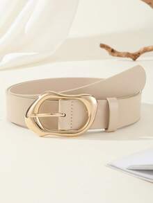 1条简约时尚不对称金色扣环女士腰带，百搭牛仔裤、休闲裤、连衣裙，3.3厘米宽PU皮革腰带 - 米色 - 查看 18