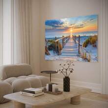 Impresión de arte de pared en lienzo con camino de madera en atardecer de playa - Decoración del hogar de paisaje de playa - Multicolor - Ver 3