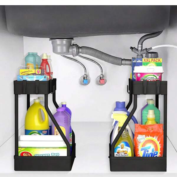 2 Tier Under Sink Storage Rack , Kitchen Cabinet Storage Rack, Double Sliding Cabinet Basket Storage Drawer, Multi-Functional Bathroom Collection Basket, Organizer, Shelf For Under Counter Kitchen Storage With 5 Hooks 2 Hanging Baskets Kitchen Decor Holiday Gift