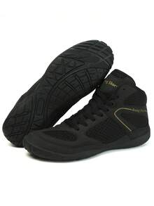 Black Multi-Material Patchwork Boxing Shoes, Durable & Lightweight For Wrestling Training, Competition, MMA, Taekwondo - Black - View 7