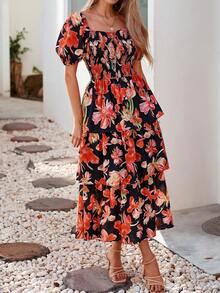 Women Summer Puff Short Sleeve Midi Dress Floral Printed Square Neck Smocked Dress Ruffle Tiered Flowy Long Dress Casual Spring Holiday Vacation Garden Boho Bohemian Wedding Guest Valentine Maxi Dress - 黑色橘色花 - 查看 6