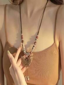 1 件女士波西米亚风格复古蝴蝶吊坠多层可调节手工串珠项链 - 棕色 - 查看 3