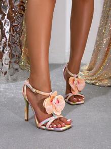Sandalias con tirantes y decoración floral, tacones de aguja elegantes para bodas, zapatos de mujer para el verano 2025, de punta cuadrada, elegantes y versátiles, tacones altos de punta abierta