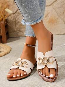 Women's Minimalist Round Toe Open Toe Flat Slip-On Sandals With Metal Ring, Lightweight And Comfortable, Suitable For Holidays, Beach, Casual Outings, Summer - White - View 6