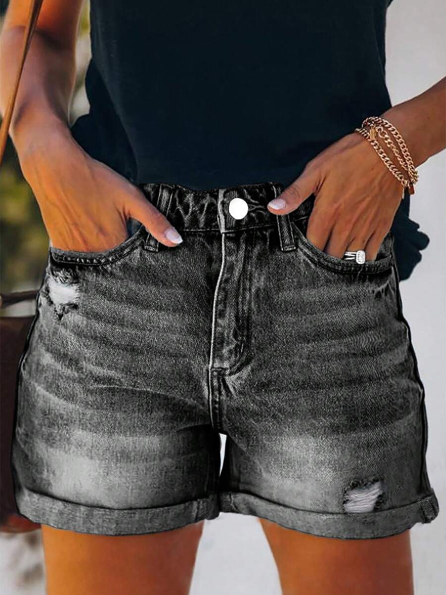 Jeans de mujer de estilo casual y sencillo de tipo desgastado, de un solo color lavado, con bajo suelto y versátil, de estilo de calle estadounidense nuevo para el verano