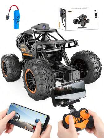 Decoración navideña 1 pieza Coche con cámara Wi-Fi negra controlado por control remoto con cámara HD 720P, controlador 2.4GHz y control por teléfono, captura de foto y video en tiempo real, adecuado para todo terreno, juguete de Navidad para niños y adultos, niños y niñas