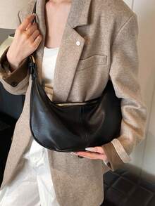 1pc Solid Color PU Shoulder Bag, Large Capacity Crescent Moon Design Women's Bag, Suitable For Adult Women Fashion Outfits And Outing - Black - View 5