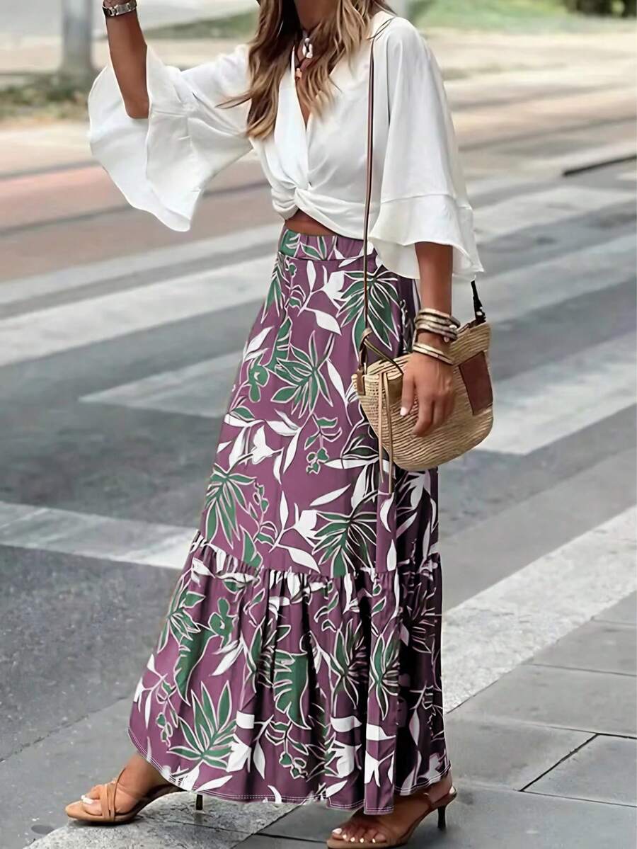 Women's Long Floral Ruffle Hem Casual Skirt, Suitable For Vacation - Mauve Purple - View 1