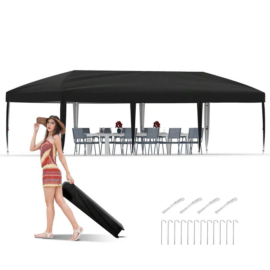 10x30 Pop Up Canopy,Heavy Duty Outdoor Canopy Tent With Portable Roller Bag - 3 Adjustable Height, 4 Weight Bags, 8 Stakes & 6 Guy Ropes Included - Black - View 1