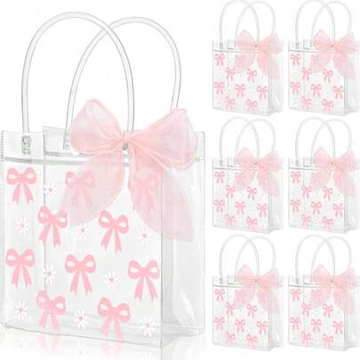 1/4 Pc Mini Pink Bow Transparent PVC Gift Bag, Each Set With Handle Ribbon, Cute Pink Bow Daisy Flower Party Favor Bags, Candy Tote Bags, Suitable For Wedding, Birthday, Baby Shower, Valentine's Day, Mother's Day And Other Occasions.