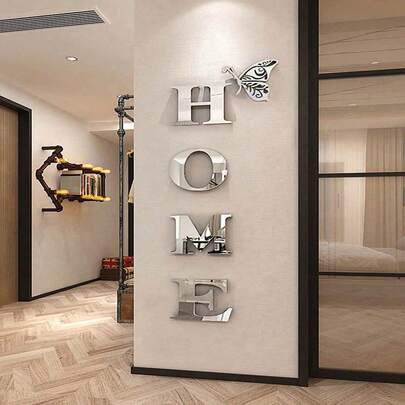 1 Set, 5pcs 3D Mirror Wall Stickers With Slogan Home Decor, Butterfly Stickers, HOME Motto, Self-Adhesive Acrylic Mirror Wall Stickers For Wall/Corridor/Bedroom/Entrance/Doorway Decoration, Holiday & Home Party Supplies