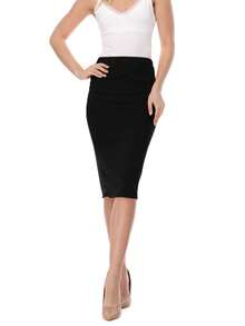 Elastic High Waist Stretch Comfy Office Work Wear Solid Midi Skirt S-3XL  Plain  Elegant  Casual    Zipper  Split      Office  Home - màu đen - Xem 4