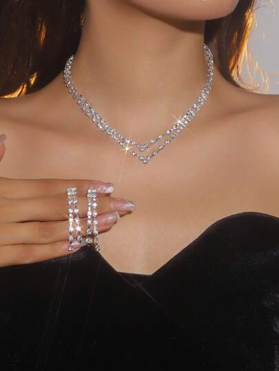 2 Pieces Sparkling Rhinestone Jewelry Set: Necklace And Earrings, Fashionable And Versatile Bridal Accessory For Wedding & Formal Event