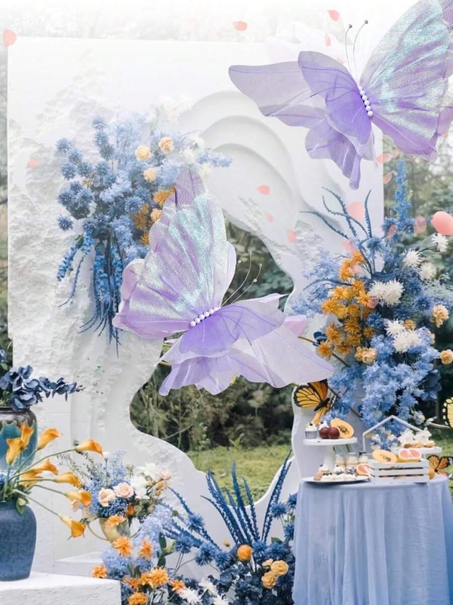 3 件巨型人造蝴蝶，18.9 英寸大型丝线蝴蝶，用于婚礼装饰，DIY 装饰性假蝴蝶工艺品，逼真的蝴蝶摄影道具，用于婚礼生日派对装饰夏季礼物海滩返校学校用品房间装饰 - 紫色 - 查看 1