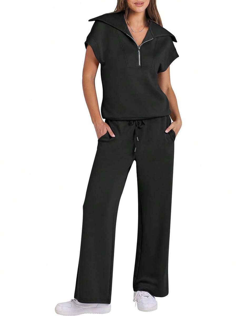 Conjuntos Elegantes para Dama Sudadera de Manga Corta con Cremallera y Pantalón flojo, Conjunto mujer de Fiesta Camiseta Sin Mangas y Pantalones Holgados, Conjuntos Casuales para Mujer de Manga corta y Pantalón Ropa ligera - Negro - Ver 1