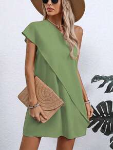 轻质涤纶不对称肩部连衣裙 - 女式修身休闲