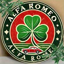 1 Stück 2D flach, Vintage Holzschild - Alfa Romeo Auto Thema runde dekorative Wanddekoration, 8x8 Inch, grün und rote Wandkunst, für Zuhause, Büro, Bar, Café, Strandhaus, Garten, inklusive Sterne Deko - zufälliges Loch-Design