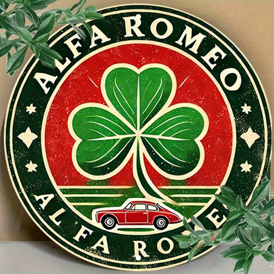 1 Stück 2D flach, Vintage Holzschild - Alfa Romeo Auto Thema runde dekorative Wanddekoration, 8x8 Inch, grün und rote Wandkunst, für Zuhause, Büro, Bar, Café, Strandhaus, Garten, inklusive Sterne Deko - zufälliges Loch-Design