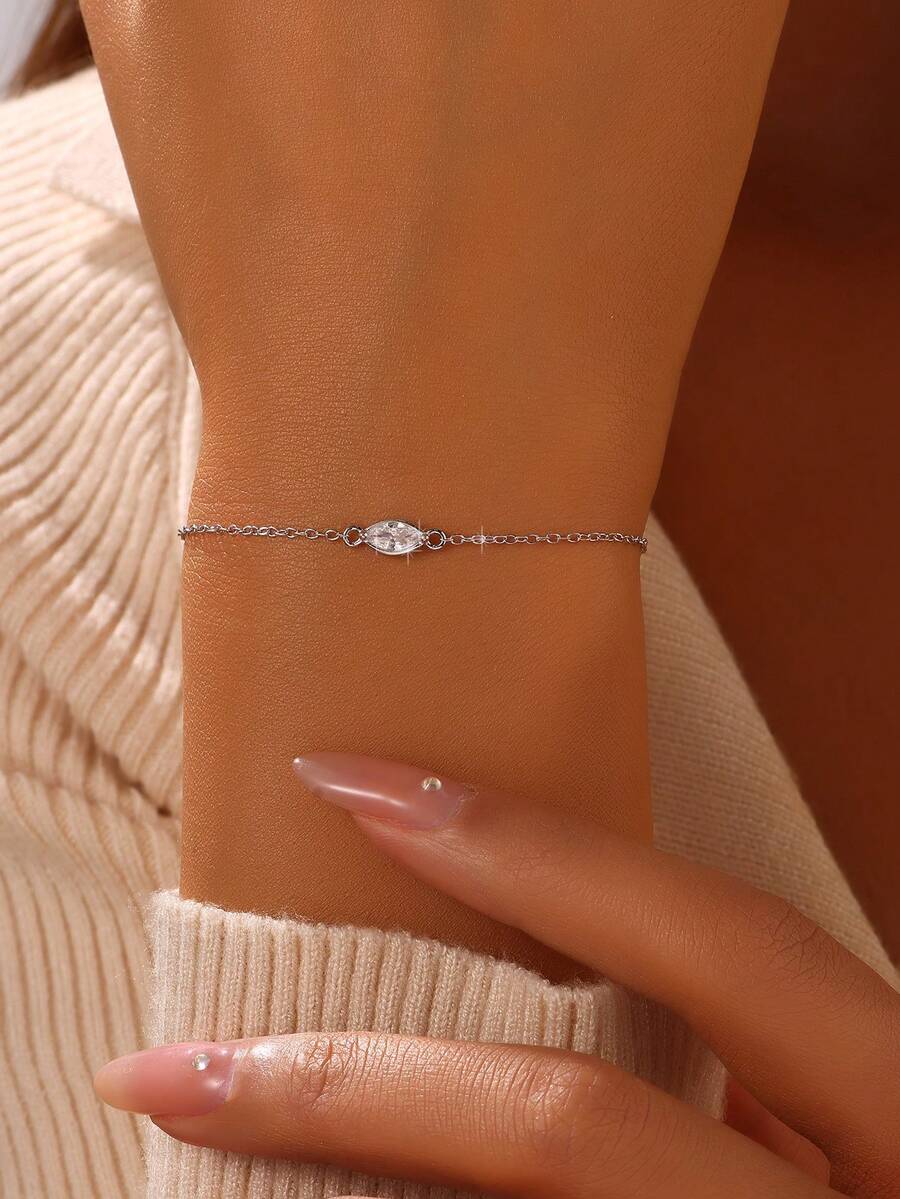 1pc Handmade Rhinestone Eye-Shaped 925 Sterling Silver Bracelet, Minimalist & Design, Suitable For Students - Silver - View 1