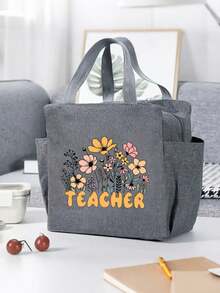 Women's Teacher Theme Insulated Bag - Portable, Insulated, Zipper Closure, Ideal For School, Picnic, Camping, Great Gift, A Cooler Bag, An Insulated Bag With A Cartoon Teacher Theme, A Matching Black Cutlery Bag, And A Lunch Bag With The Word "Teacher" Printed On Both Pockets And Some Words Describing The Teacher's Lovely Qualities. Back To School School Stuff Bag For School Work Lunch Bag For Women Picnic Accessories - Multicolor - View 2