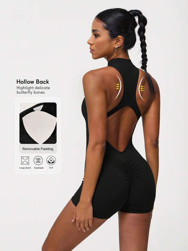 Sodalemon Mono de yoga ajustado con cremallera para mujer, diseño de short de una pieza sin espalda con estampado trasero melocotón para el fitness