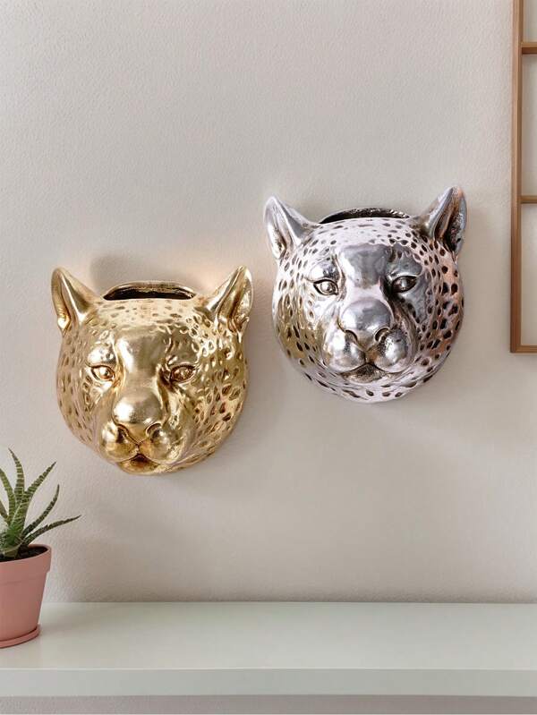 1 pieza, Decoración de pared colgante de leopardo europeo de resina de 5.9*6.6 pulgadas, Decoración de pared 2 en 1 con florero y almacenaje, Artesanía creativa de animal lindo para el hogar